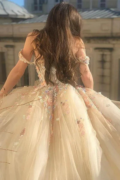 Off the Shoulder Floral Lace Tulle Ball Gown, Princess Party Dance Dresses, Ball Gown, Newest Prom Dresses