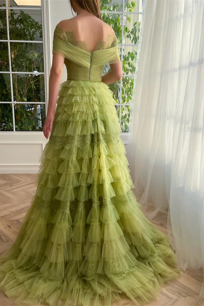 Green Off the Shoulder A-line Prom Dresses With Ruffles, Popular Ball Gown, Newest Prom Dresses