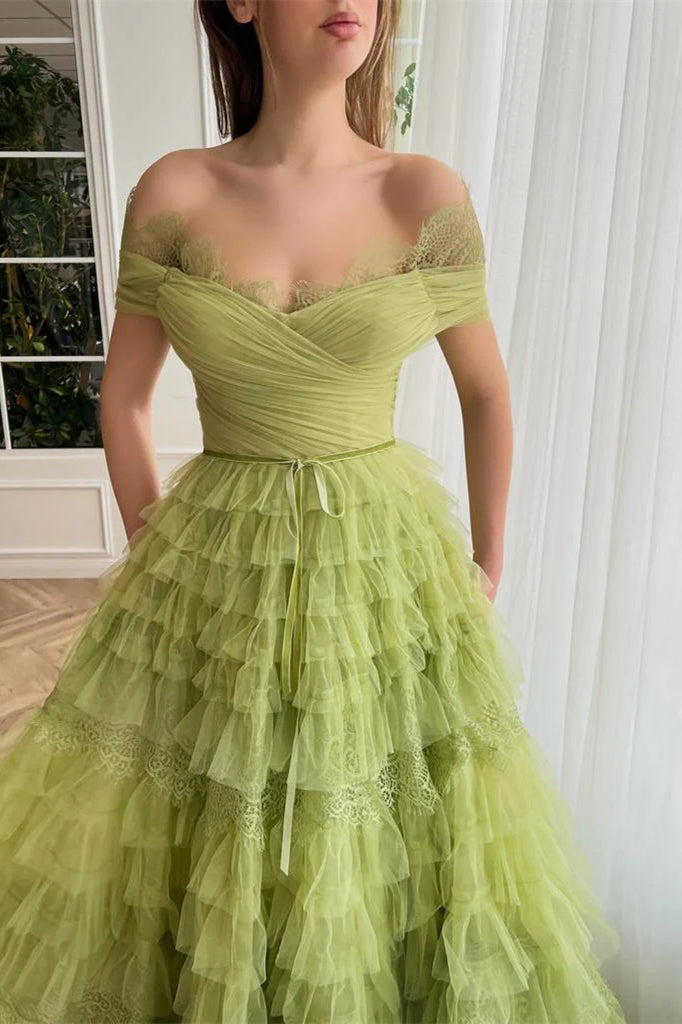 Green Off the Shoulder A-line Prom Dresses With Ruffles, Popular Ball Gown, Newest Prom Dresses