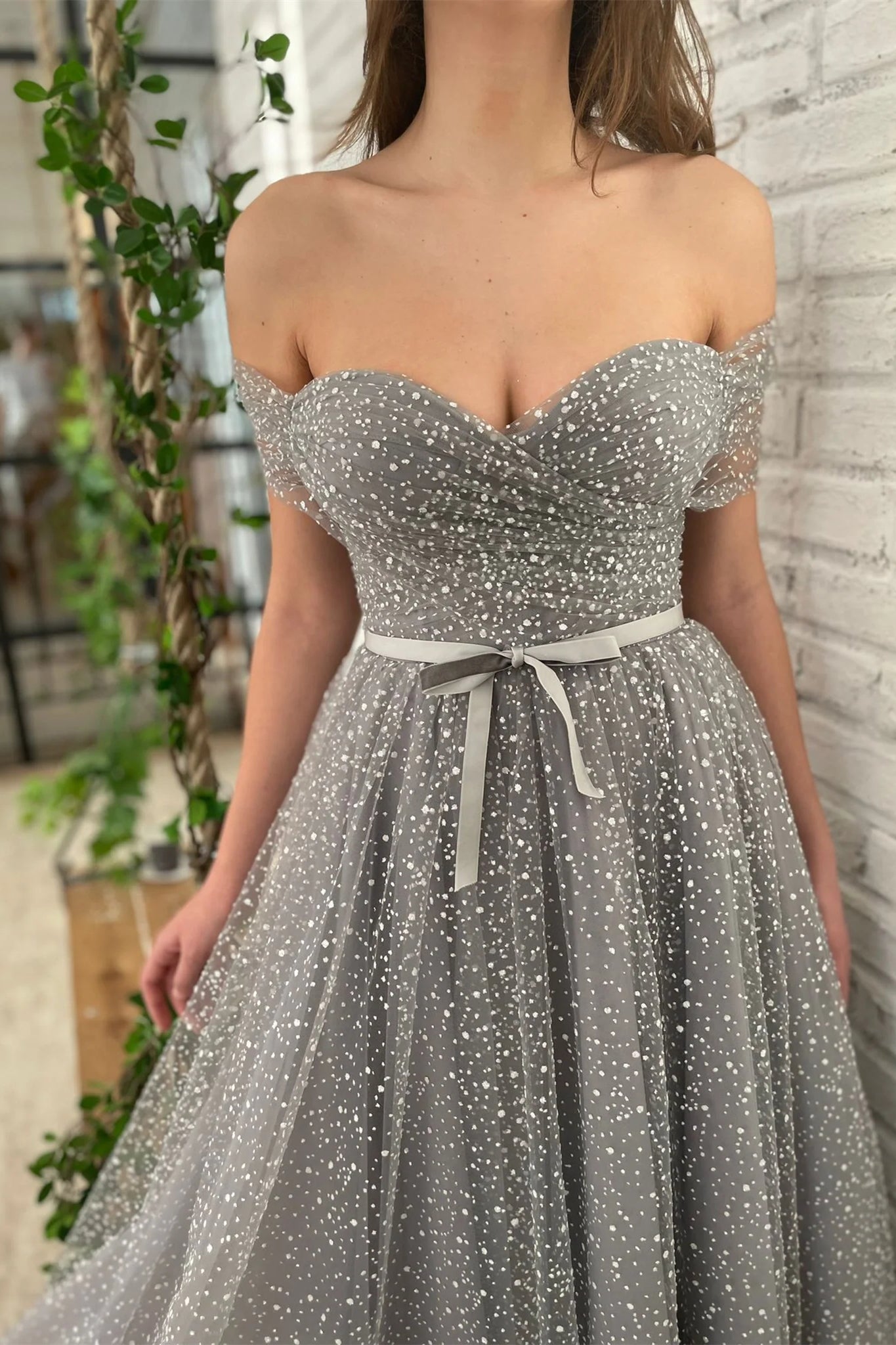 Grey Off the Shoulder A-line Midi Dresses, Pretty Party Dancing Dresses, Newest Prom Dresses