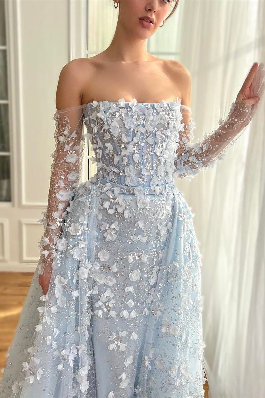 Luxury Pale Blue Floral Beaded Prom Dresses, 2 Pieces Long Prom Dresses With Bones, Newest Prom Dresses