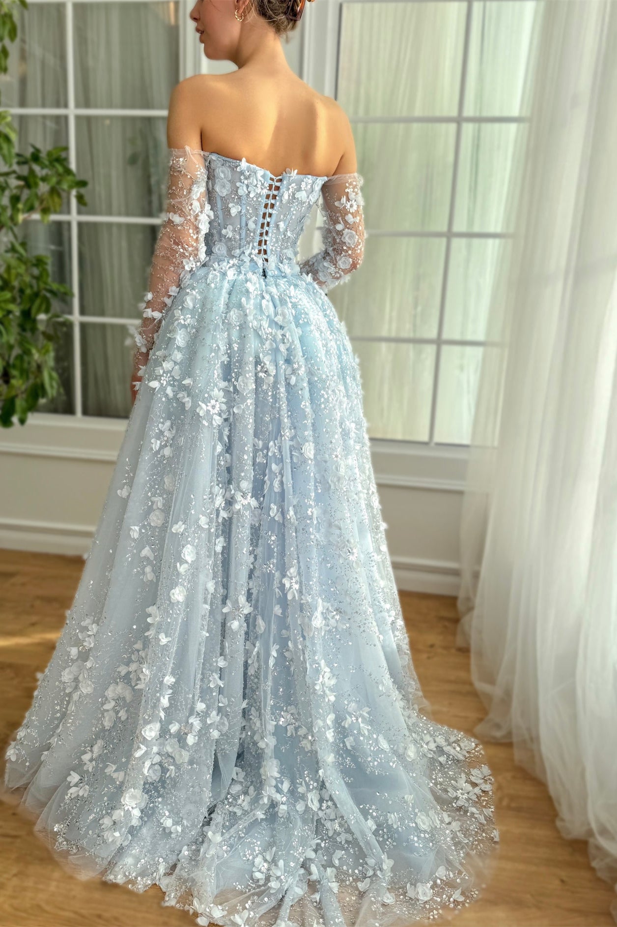 Luxury Pale Blue Floral Beaded Prom Dresses, 2 Pieces Long Prom Dresses With Bones, Newest Prom Dresses