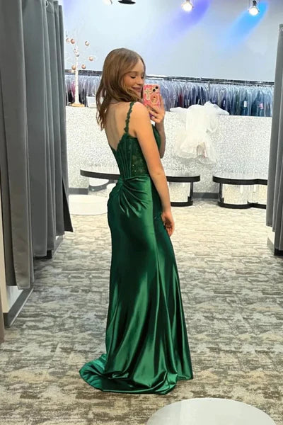 Emerald Green Lace Satin Sheath Prom Dresses, High Side Slit Prom Dresses, Newest Prom Dresses