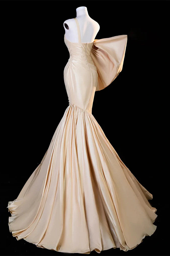 One Shoulder Champagne Mermaid Prom Dresses, Elegant Satin Prom Dresses, Formal Evening Dresses