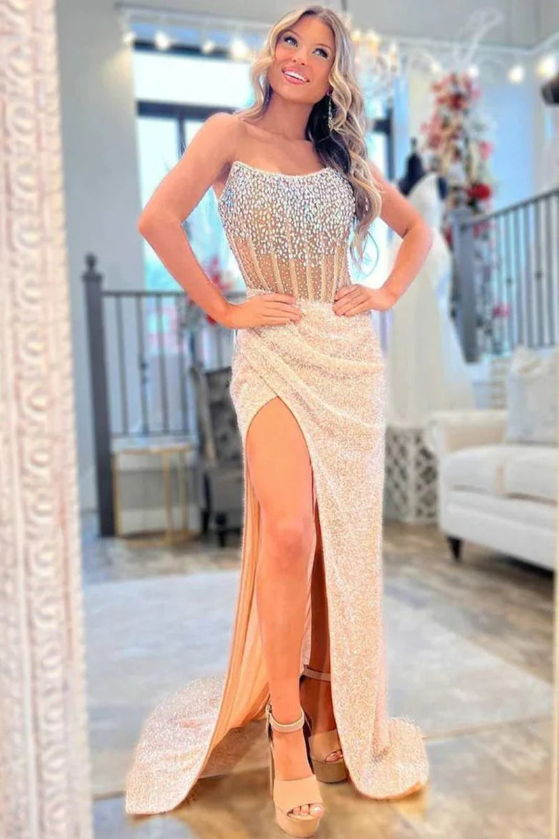 Strapless Long Sheath Rhinestone Beaded Prom Dresses, Sexy High Slit Prom Dresses, Newest Prom Dresses