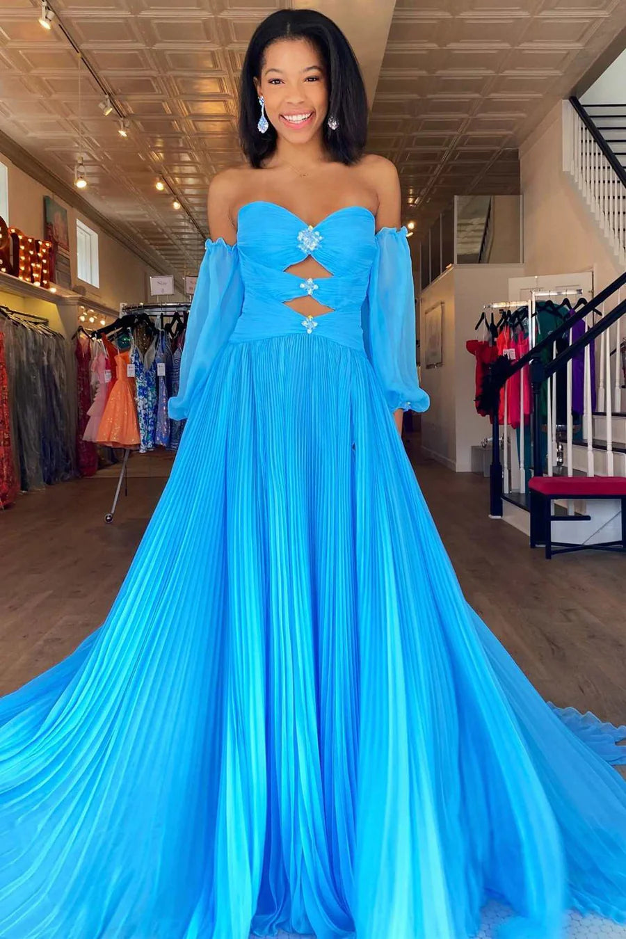 Sweetheart Blue Pleated Chiffon A-line Prom Dresses, Side Slit Long Prom Dresses, Newest Prom Dresses