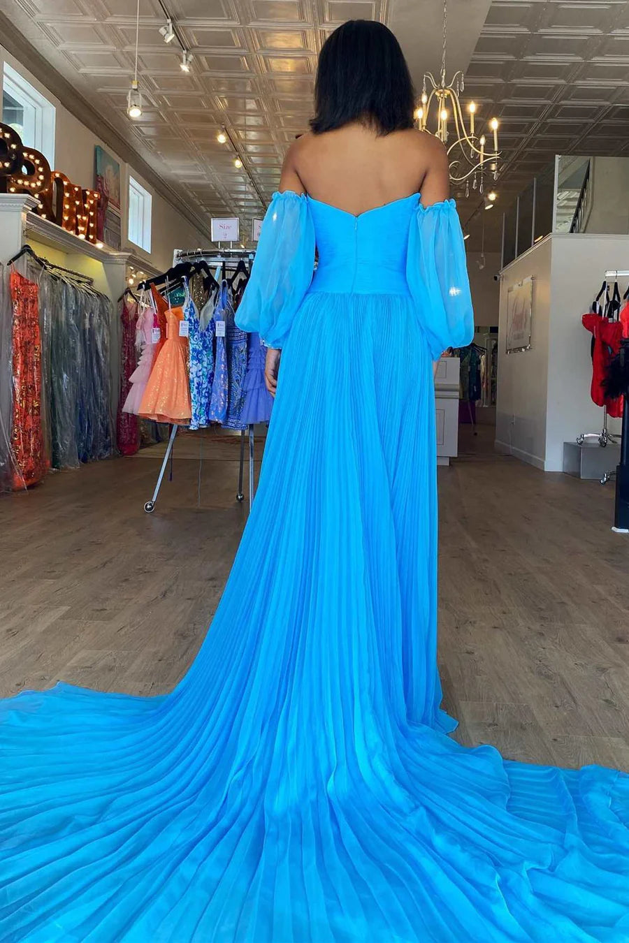 Sweetheart Blue Pleated Chiffon A-line Prom Dresses, Side Slit Long Prom Dresses, Newest Prom Dresses