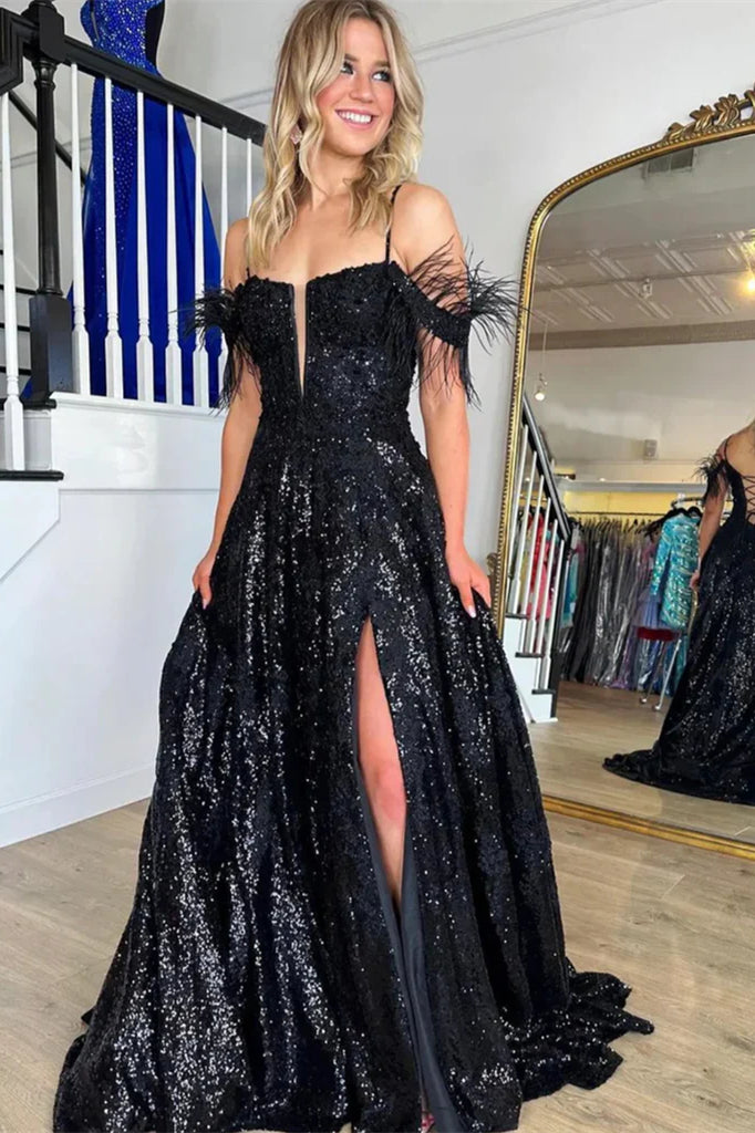 Spaghetti Long A-line Black Shiny Sequin Prom Dresses With Feather Sleeves, Newest 2025 Prom Dresses