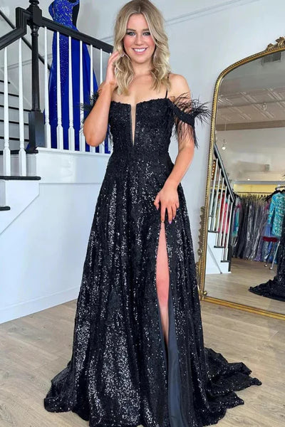 Spaghetti Long A-line Black Shiny Sequin Prom Dresses With Feather Sleeves, Newest 2025 Prom Dresses