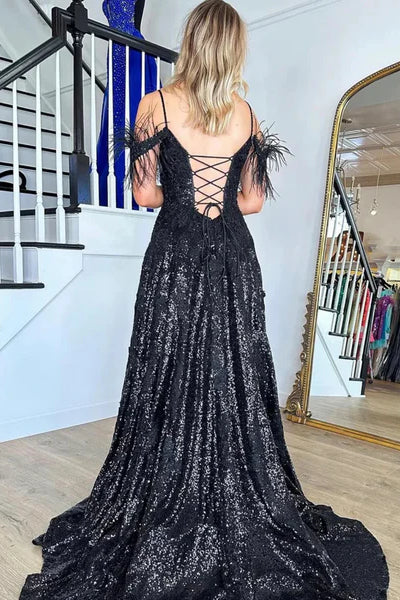 Spaghetti Long A-line Black Shiny Sequin Prom Dresses With Feather Sleeves, Newest 2025 Prom Dresses