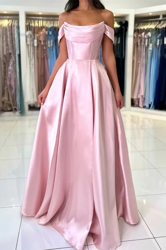 Pink Off the Shoulder A-line Satin Prom Dresses, Popular Formal Evening Dresses, Newest Prom Dresses