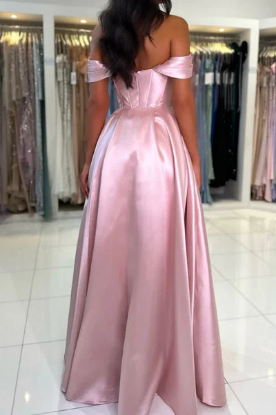 Pink Off the Shoulder A-line Satin Prom Dresses, Popular Formal Evening Dresses, Newest Prom Dresses