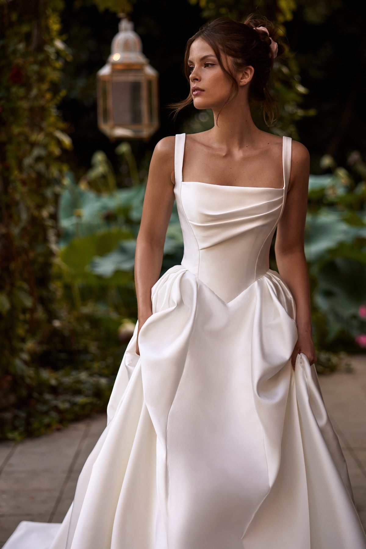 Square Neckline Ivory Satin Wedding Dresses, Elegant Bridal Gown