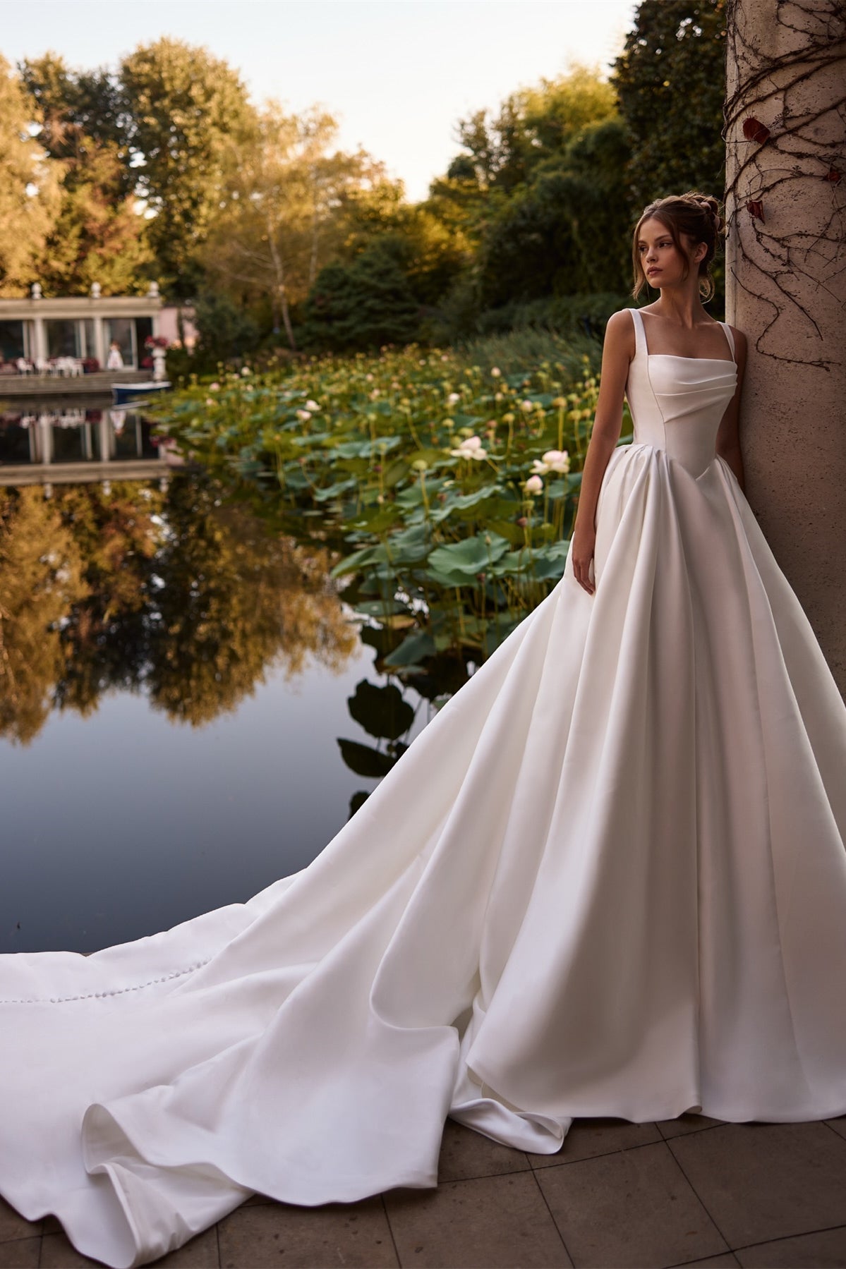 Square Neckline Ivory Satin Wedding Dresses, Elegant Bridal Gown