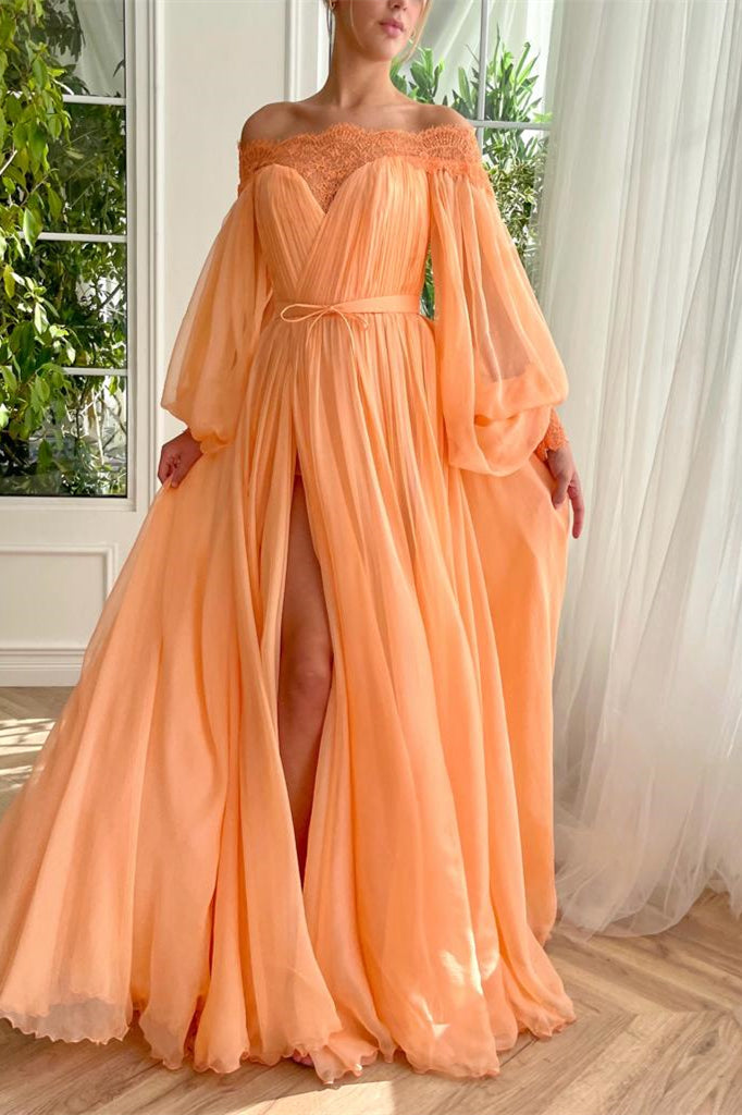 Off the Shoulder Peach A-line Chiffon Lace Prom Dresses, Maxi Dresses, Newest Prom Dresses, Holiday Dresses