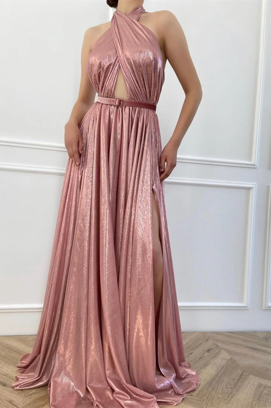 Metalic Pink A-line Prom Dresses WIth Belt, Simple Sexy Prom Dresses, Bridesmaid Dresses, Wedding Guest Dresses