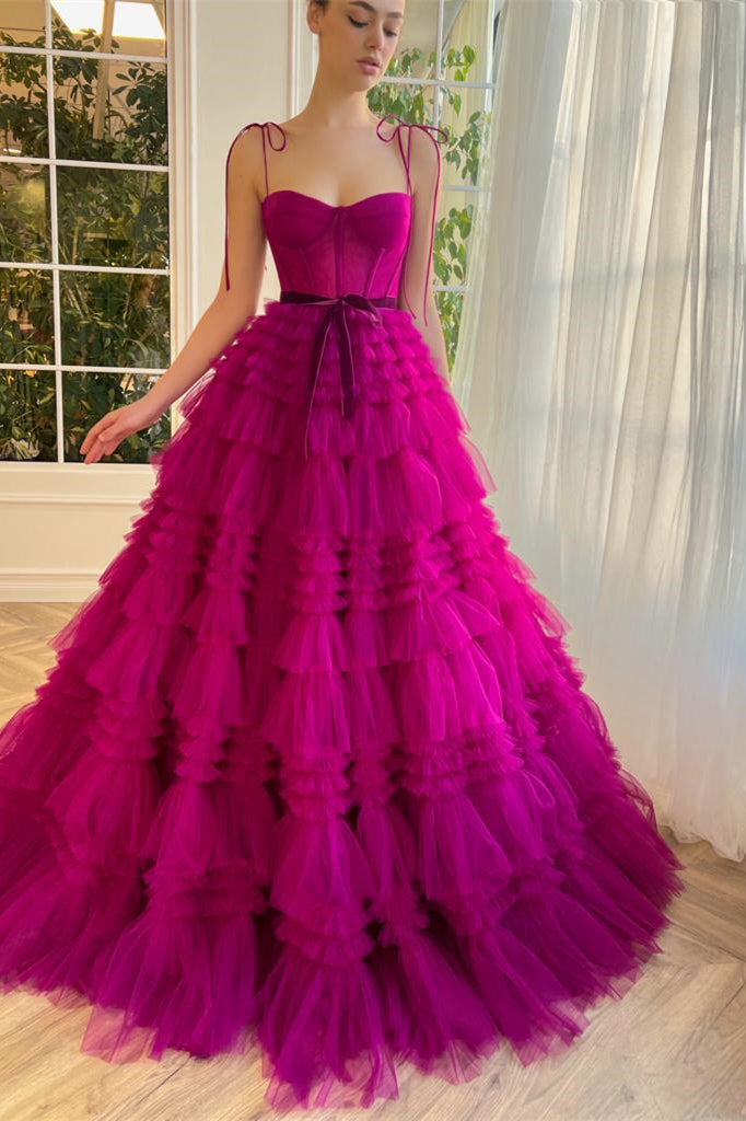 Spaghetti Long A-line Ruffled Prom Dresses, Hot Pink Prom Dresses, 2025 Prom Dresses