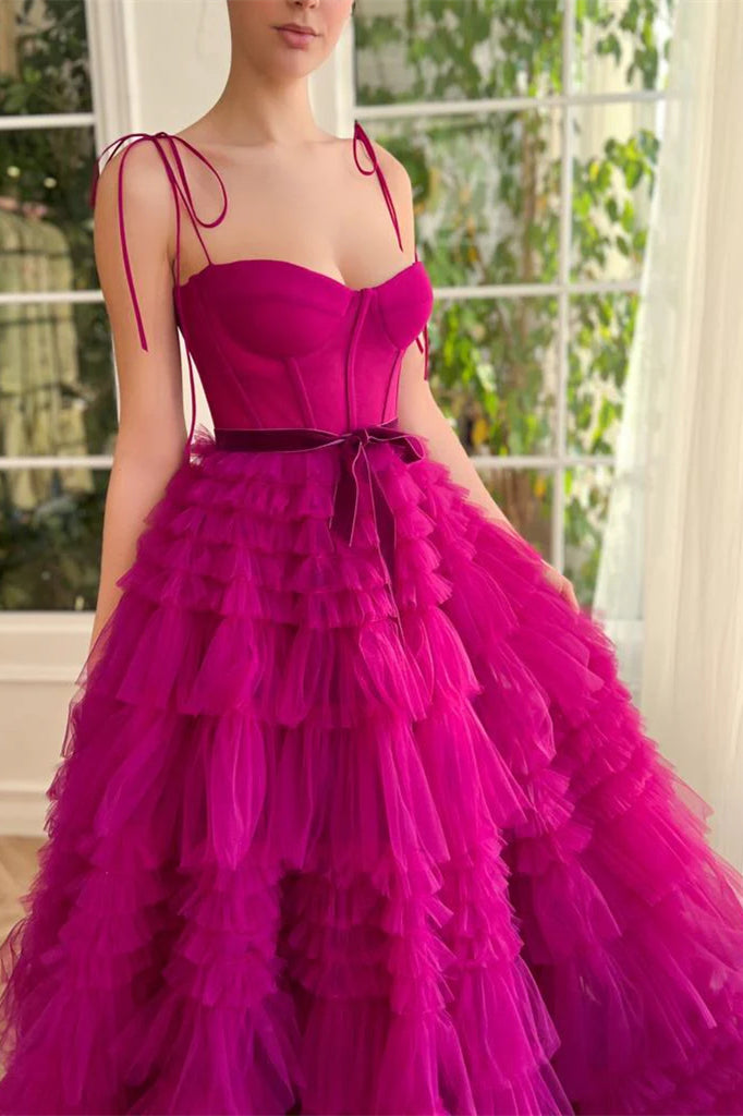 Spaghetti Long A-line Ruffled Prom Dresses, Hot Pink Prom Dresses, 2025 Prom Dresses