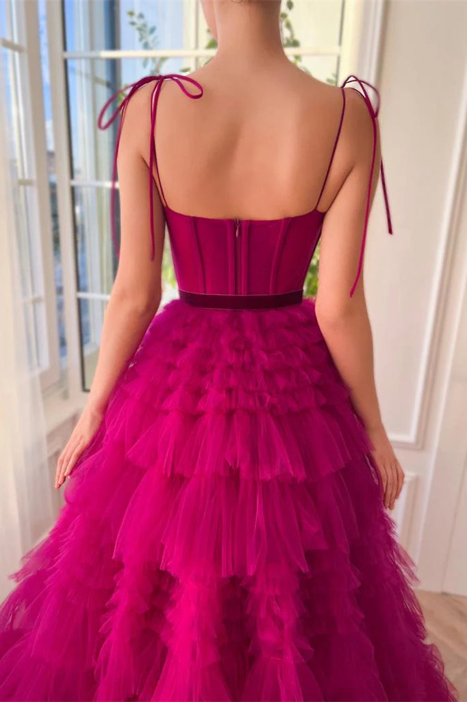 Spaghetti Long A-line Ruffled Prom Dresses, Hot Pink Prom Dresses, 2025 Prom Dresses