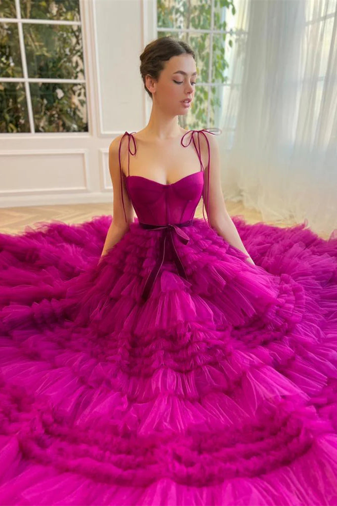 Spaghetti Long A-line Ruffled Prom Dresses, Hot Pink Prom Dresses, 2025 Prom Dresses