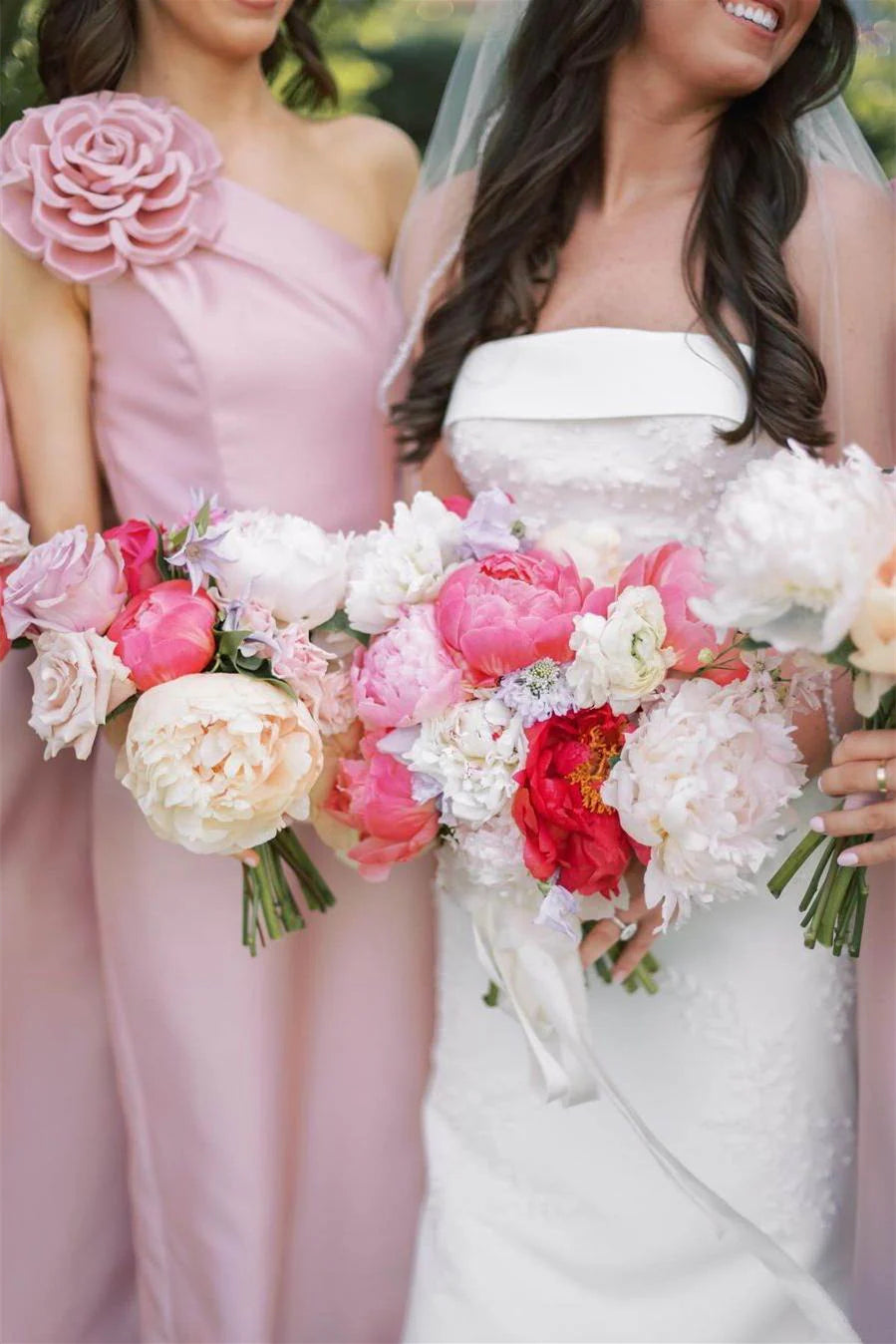 Pink One Shoulder Sheath Satin Long Bridesmaid Dresses WIth 3D Flowers, Elegant Long Prom Dresses