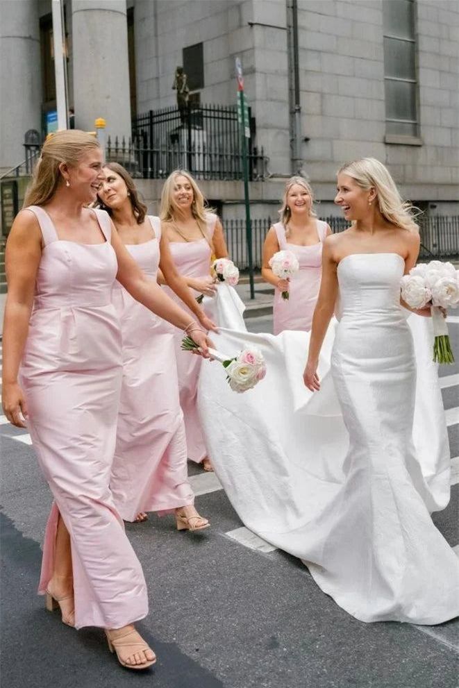 Pink Square Neckline Sheath Long Bridesmaid Dresses, Elegant Wedding Party Dresses, Popular Bridesmaid Dresses