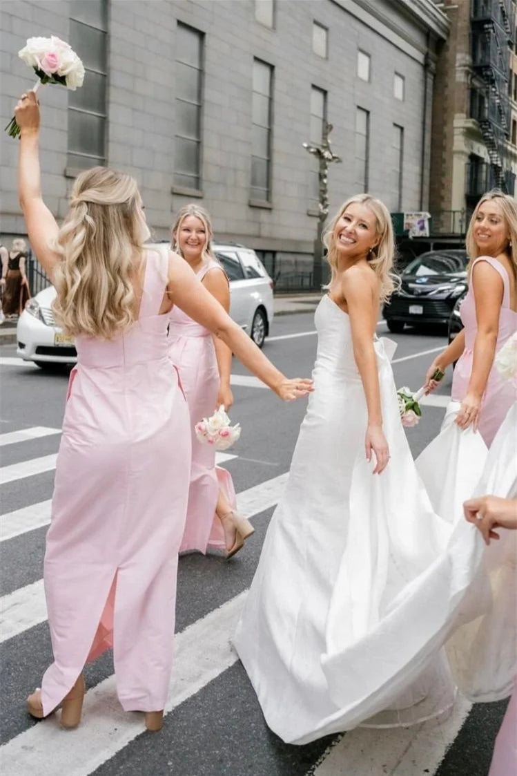 Pink Square Neckline Sheath Long Bridesmaid Dresses, Elegant Wedding Party Dresses, Popular Bridesmaid Dresses