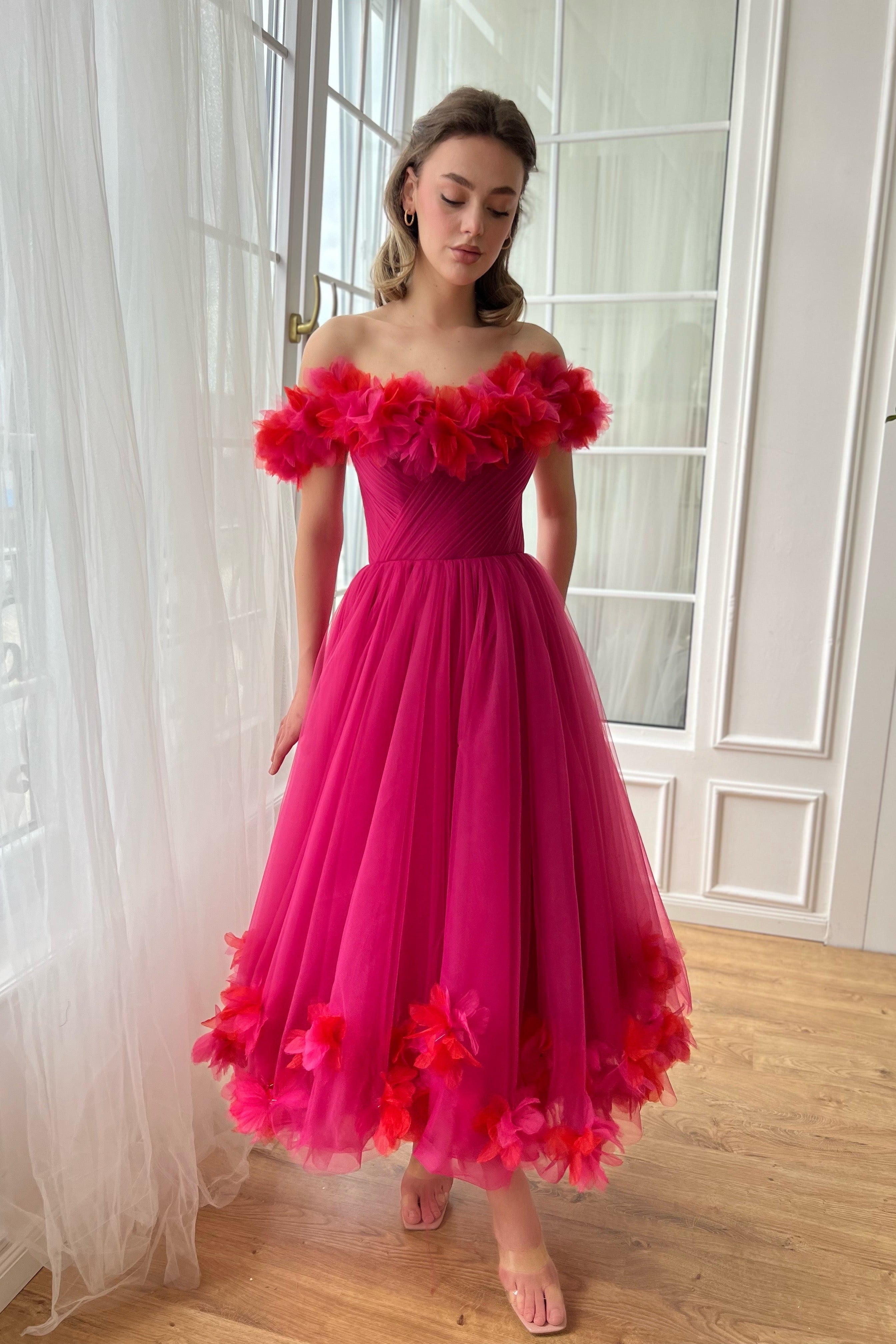 Hot Pink Midi Dresses With Off the Shoulder Sleeves, Hnadmade Floral A-line Cute Prom Dresses, Newest Prom Dresses