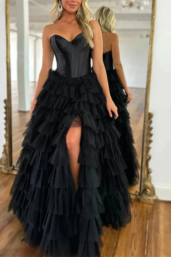 Sweetheart Long A-line Black Layers Prom Dresses, Princess Party Evening Dresses