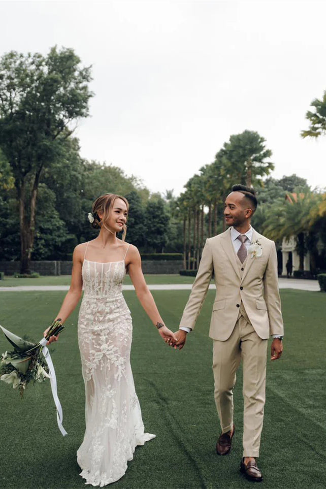 Spaghetti Long Sheath Lace Tulle Wedding Dresses, Country Wedding Dresses, Bridal Gown