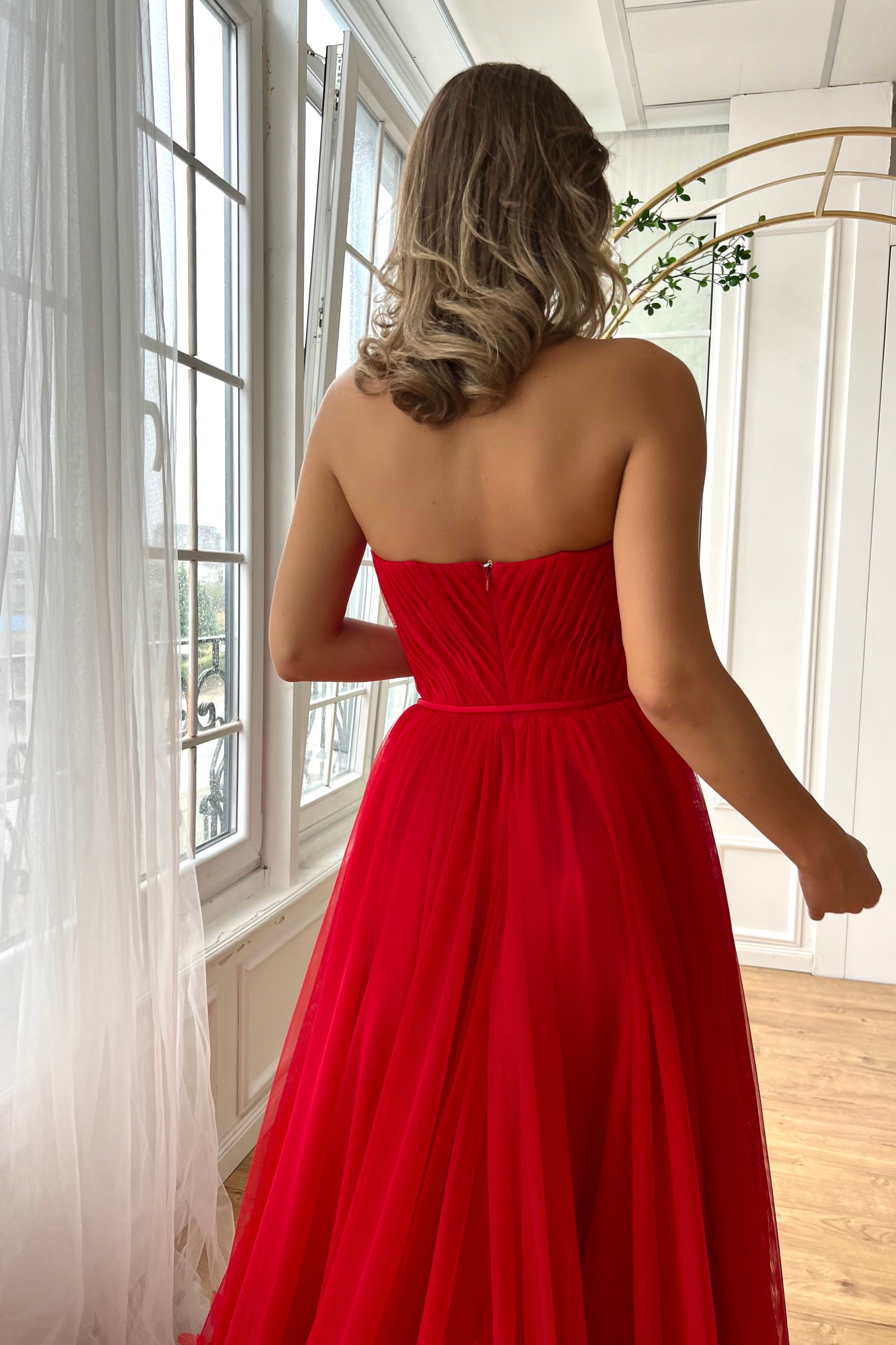 Sweetheart Red A-line Tulle Floral Prom Dresses, Sleeveless Prom Dresses, Newest Prom Dresses