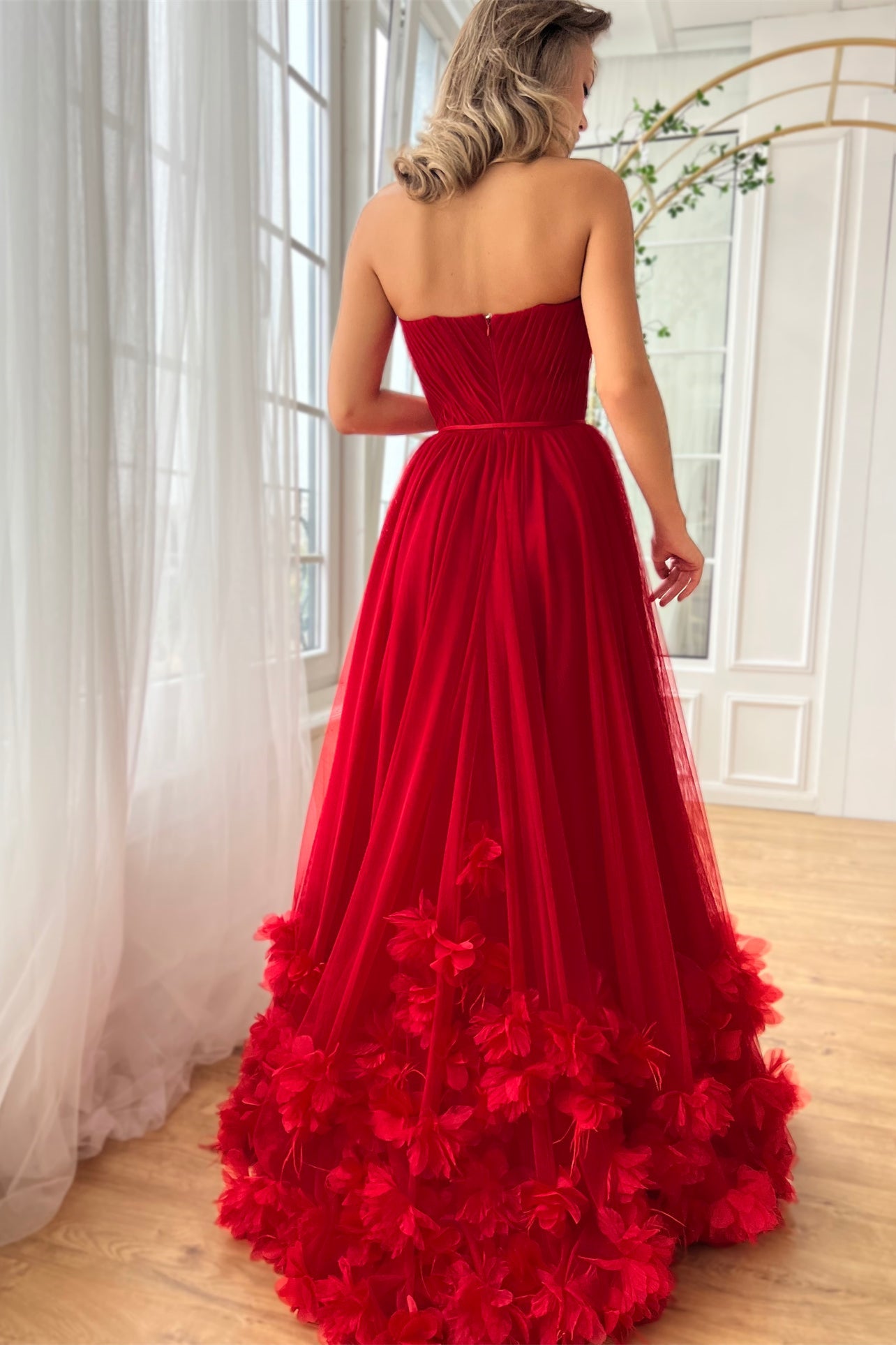 Sweetheart Red A-line Tulle Floral Prom Dresses, Sleeveless Prom Dresses, Newest Prom Dresses