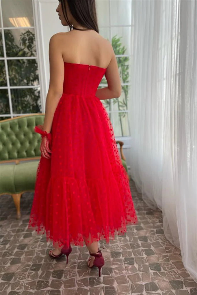 Sweetheart Red Polka Dots Midi Dresses, Cute Prom Dresses, Newest Prom Dresses, Holiday Dresses