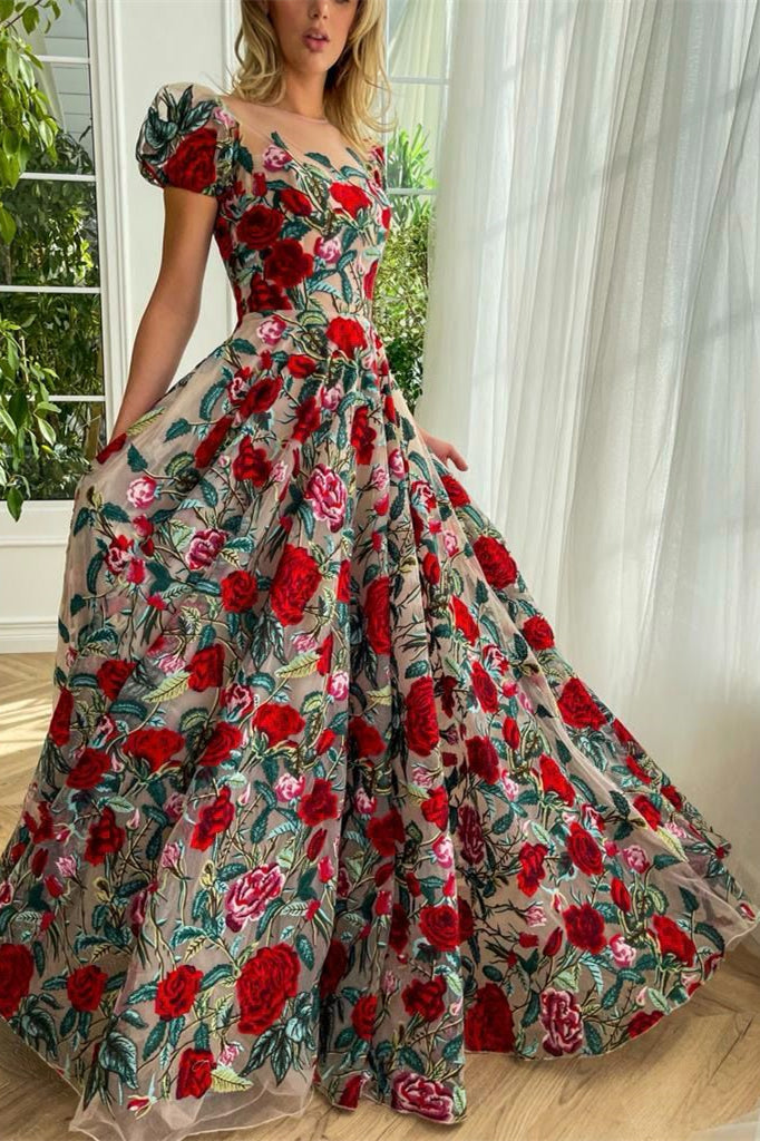 Puffy Bubble Sleeves A-line Rose Floral Prom Dresses, Party Evening Dresses, Newest Prom Dresses