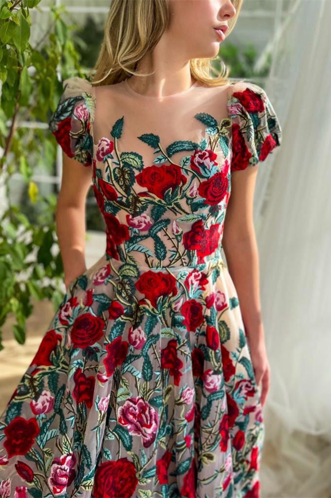 Puffy Bubble Sleeves A-line Rose Floral Prom Dresses, Party Evening Dresses, Newest Prom Dresses