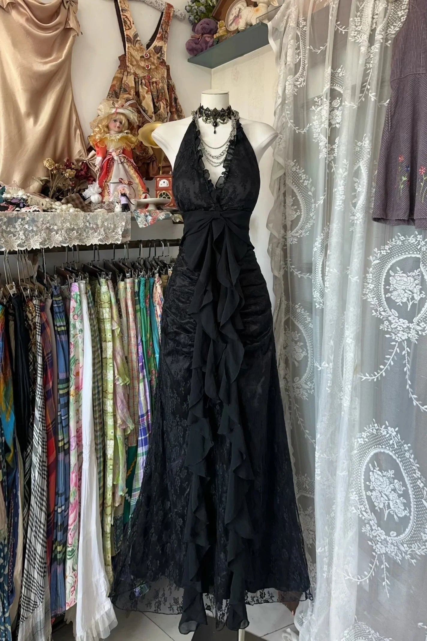 Vintage Black Lace Chiffon Long Prom Dresses, Sheath Maxi Dresses, Party Dance Dresses