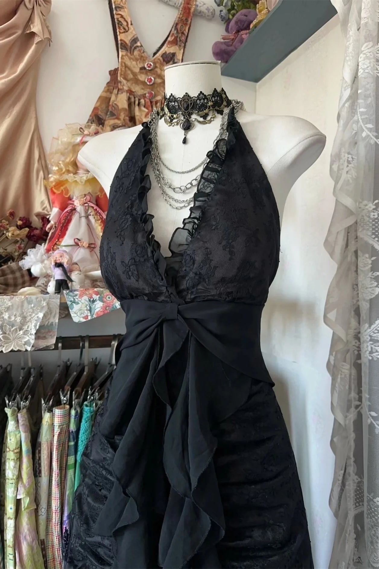 Vintage Black Lace Chiffon Long Prom Dresses, Sheath Maxi Dresses, Party Dance Dresses