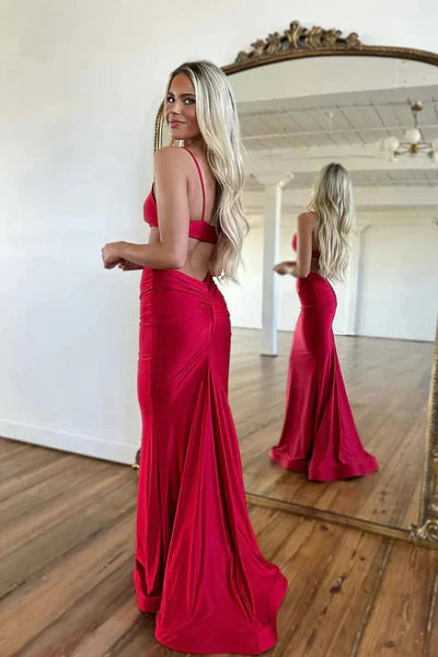 Sexy Red Mermaid Prom Dresses, Newest Prom Dresses, Key Hole Long Prom Dresses