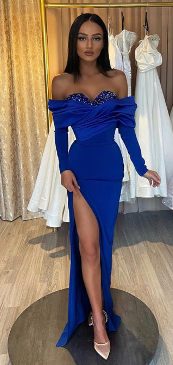Off the Shoulder Royal Blue Beaded Jersey Prom Dresses, Sexy Mermaid Long Prom Dresses, 2024 Prom Dresses