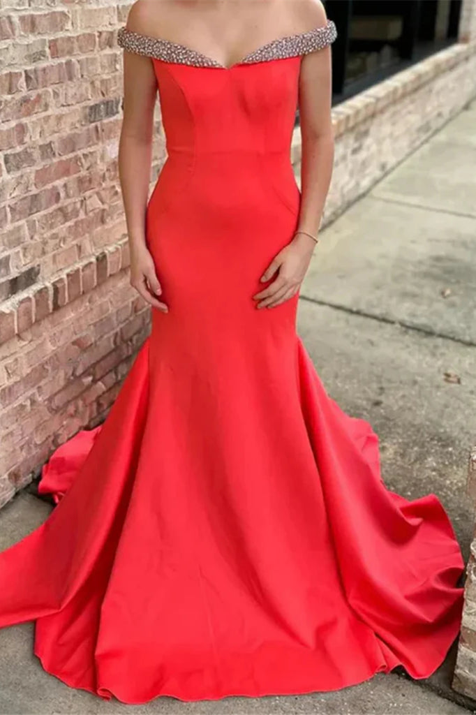 Off the Shoulder Long Mermaid Red Satin Prom Dresses, Beaded Neckline Prom Dresses, Newest Prom Dresses