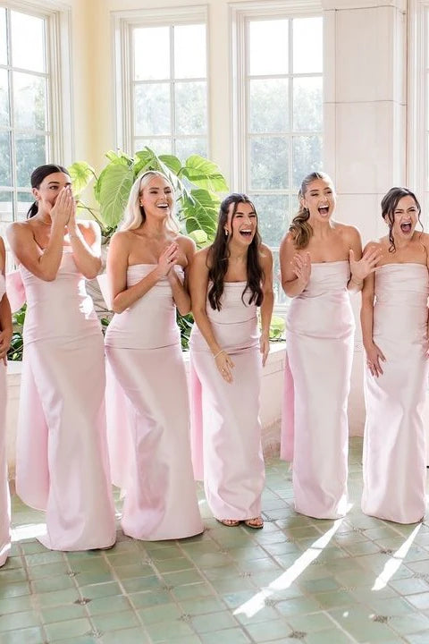 Strapless Sheath Long Pink Bridesmaid Dresses With Bow Train, Long Prom Dresses, Popular Bridesmaid Dresses