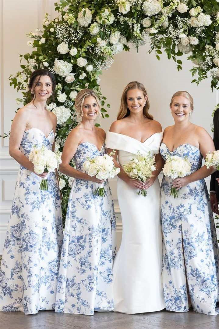 Sweetheart Blue Floral Pattern A-line Bridesmaid Dresses, Floral Prom Dresses, Newest Prom Dresses, Wedding Party Dresses