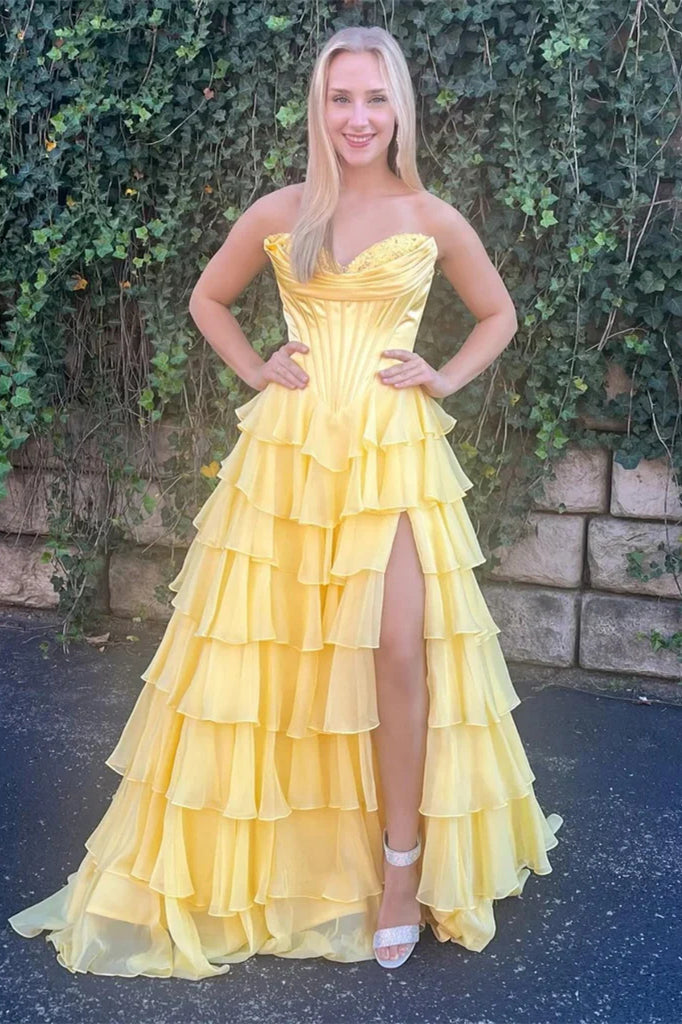 Sweetheart Long A-line Ruffles Prom Dresses, Lovely Corset Prom Dresses, Newest 2025 Prom Dresses