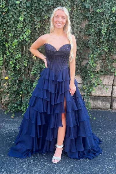 Sweetheart Long A-line Ruffles Prom Dresses, Lovely Corset Prom Dresses, Newest 2025 Prom Dresses