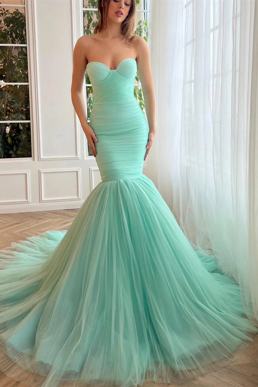 Sweetheart Turquoise Mermaid Tulle Prom Dresses, Formal Evening Dresses, Newest Prom Dresses