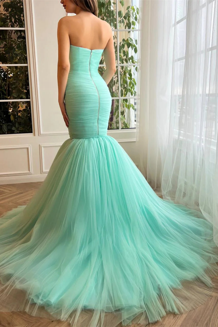 Sweetheart Turquoise Mermaid Tulle Prom Dresses, Formal Evening Dresses, Newest Prom Dresses