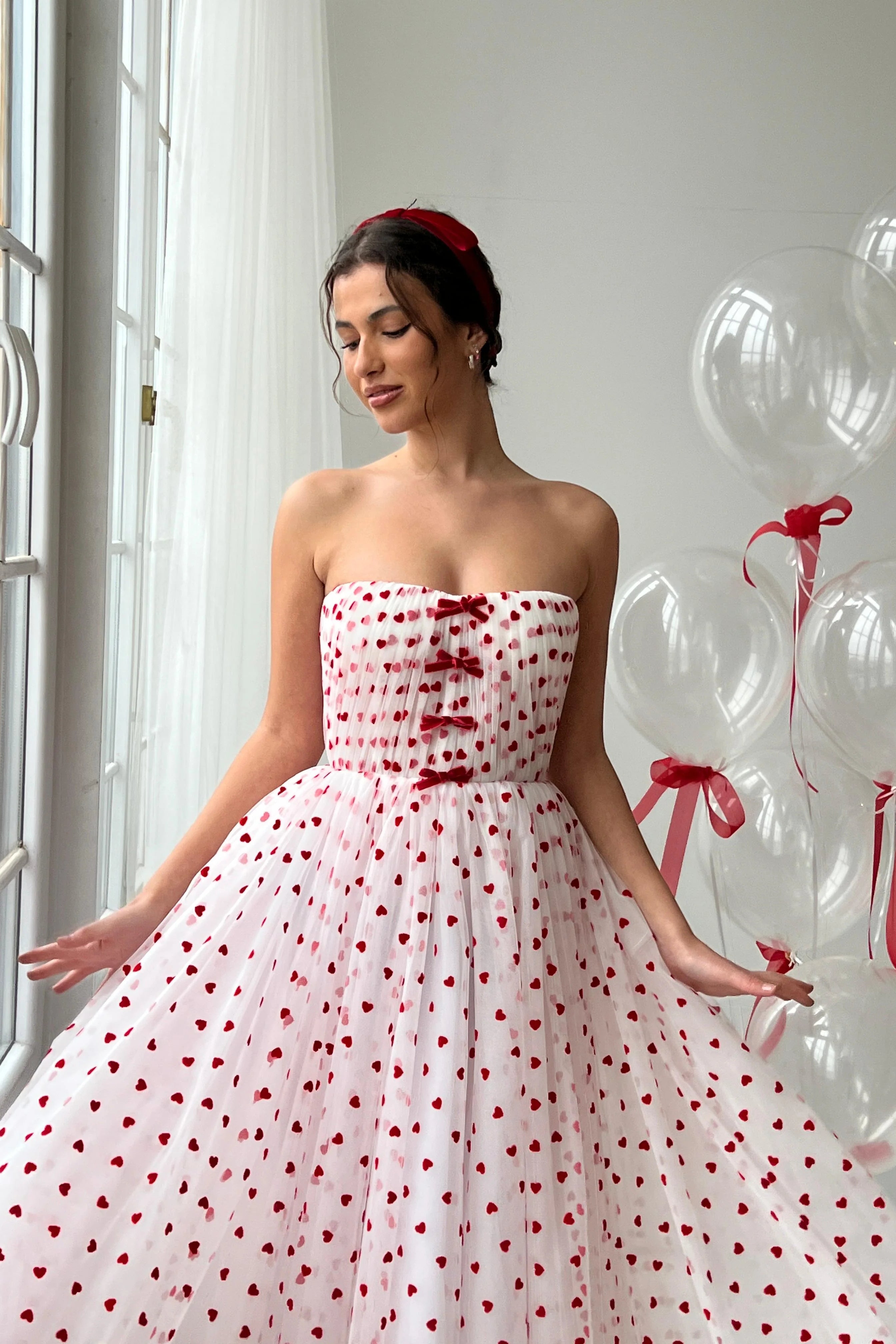 Strapless White Midi Dresses With Hearty Pattern, A-line Pretty Prom Dresses, Party Dancing Dresses, Sweet 16 Dresses