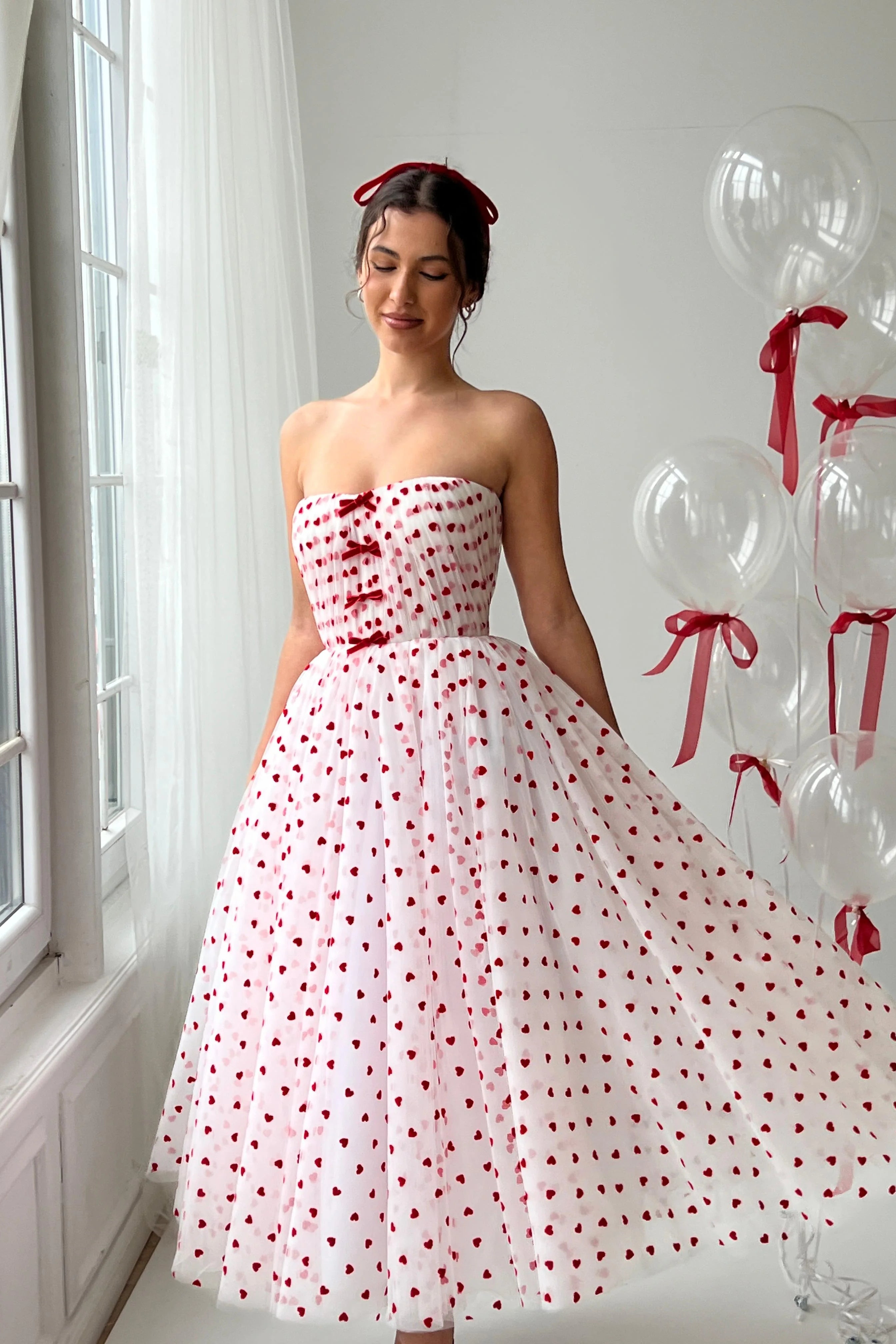 Strapless White Midi Dresses With Hearty Pattern, A-line Pretty Prom Dresses, Party Dancing Dresses, Sweet 16 Dresses