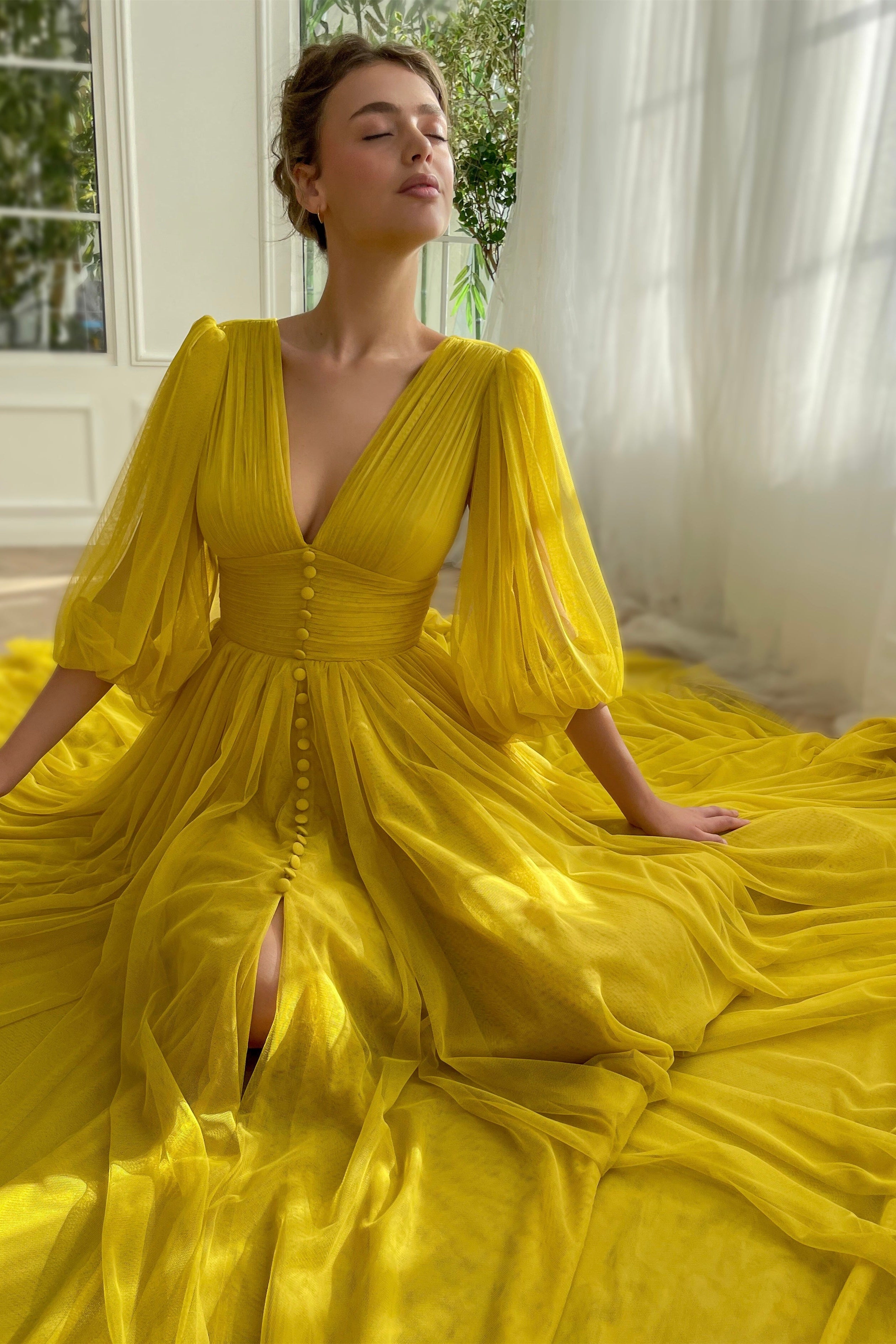 V-neck Long Sleeves Yellow Prom Dresses, Front Slit Elegant Prom Dresses, Wedding Guest Dresses, Bridesmaid Dresses