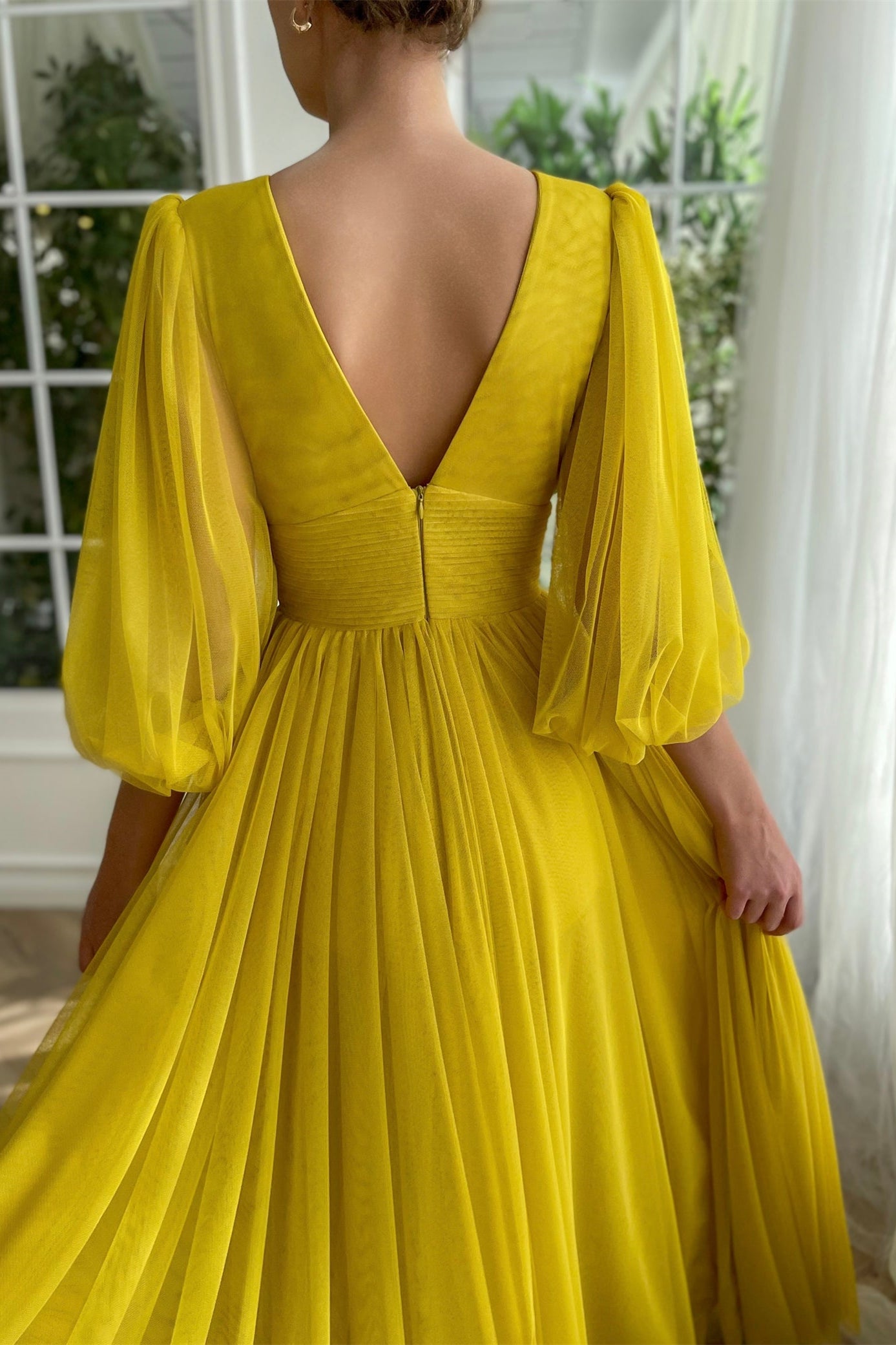 V-neck Long Sleeves Yellow Prom Dresses, Front Slit Elegant Prom Dresses, Wedding Guest Dresses, Bridesmaid Dresses